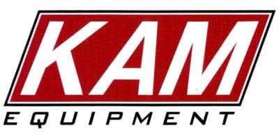 A red and white logo of kam equipment.